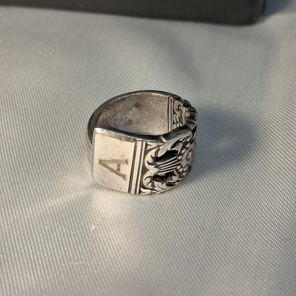 P16. Vintage 925 Sterling Silver Spoon Silverware Floral Ring W Initial "A" Sz.5